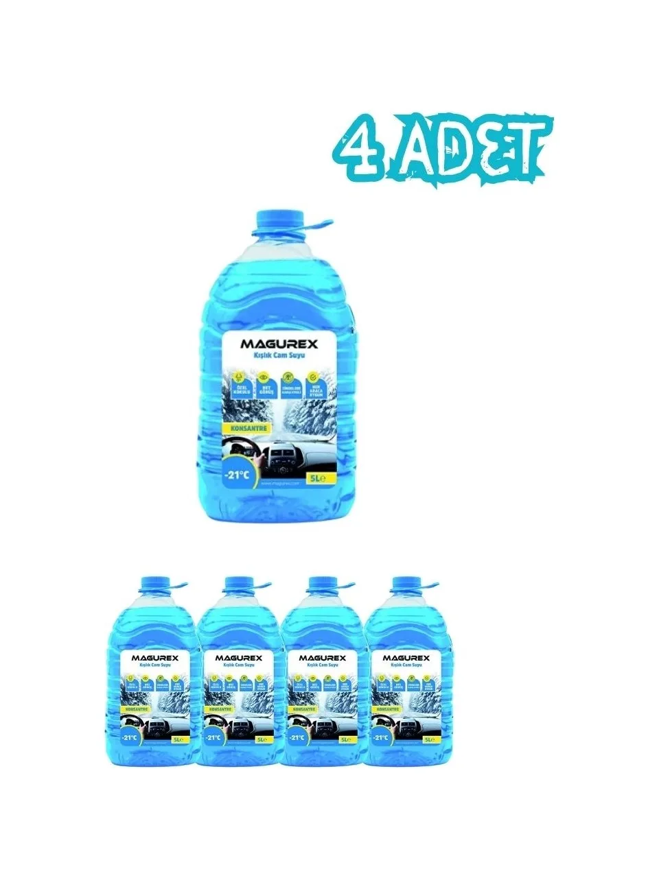 4 Adet -21°c Antifrizli Kışlık Oto Cam Suyu 5 Lt (Toplam 20 Litre) Parfümlü Silecek Suyu