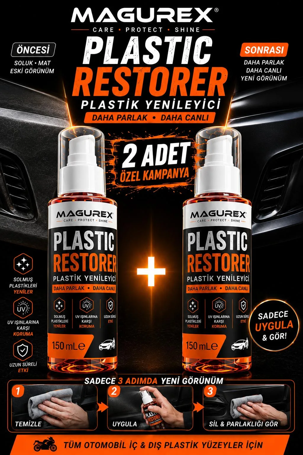 Plastic Restorer Plastik Yenileyici 150 ml - Tampon, Trim ve Dış Plastik Parlatıcı | UV Korumalı | Solmuş Plastik Yenileme X 2