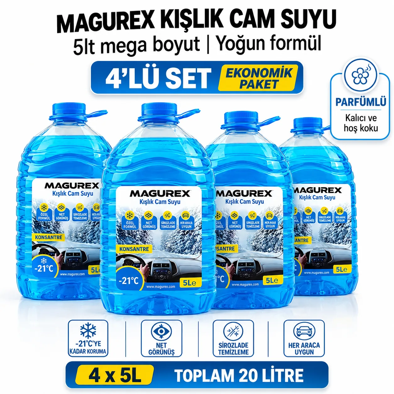 4 ADET -21°C ANTİFRİZLİ KIŞLIK OTO CAM SUYU 5 LT (TOPLAM 20 LİTRE) PARFÜMLÜ SİLECEK SUYU